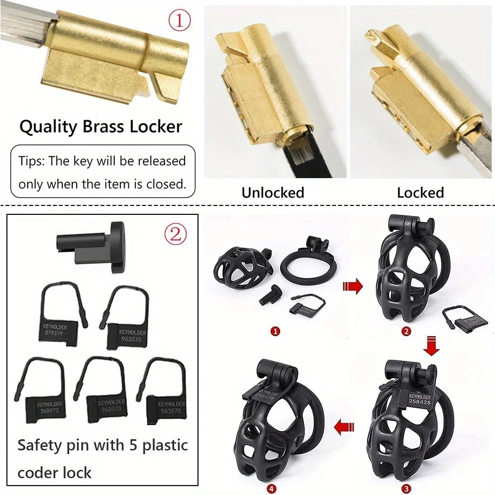 New Color Male Penis Lock Chastity Cage with Lock and 4 Rings Resin Virginity for Men Couple Breathable Cock Ring Penis Restrain